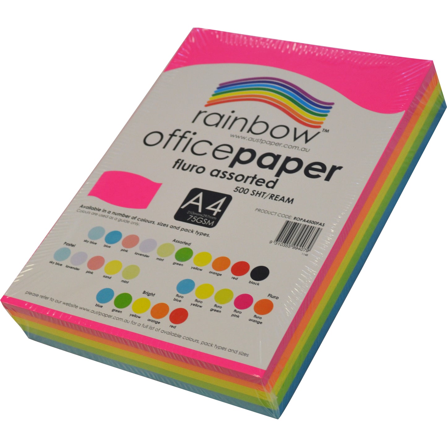 Rainbow Paper A4 75GSM 4 Fluro Assorted Colours_1044716_46101