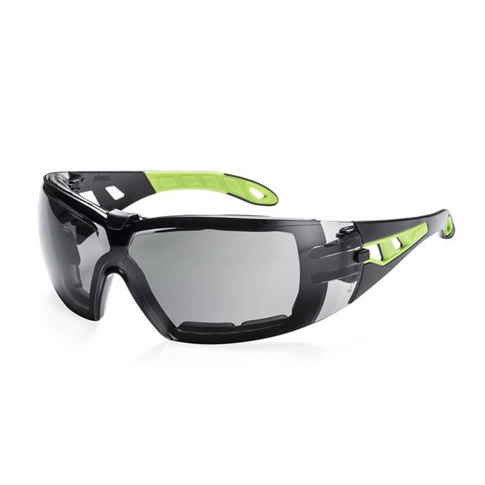 Pheos Safety Glasses with Dust Guard Grey Lens Black/Green Frame 138765 9192-304G