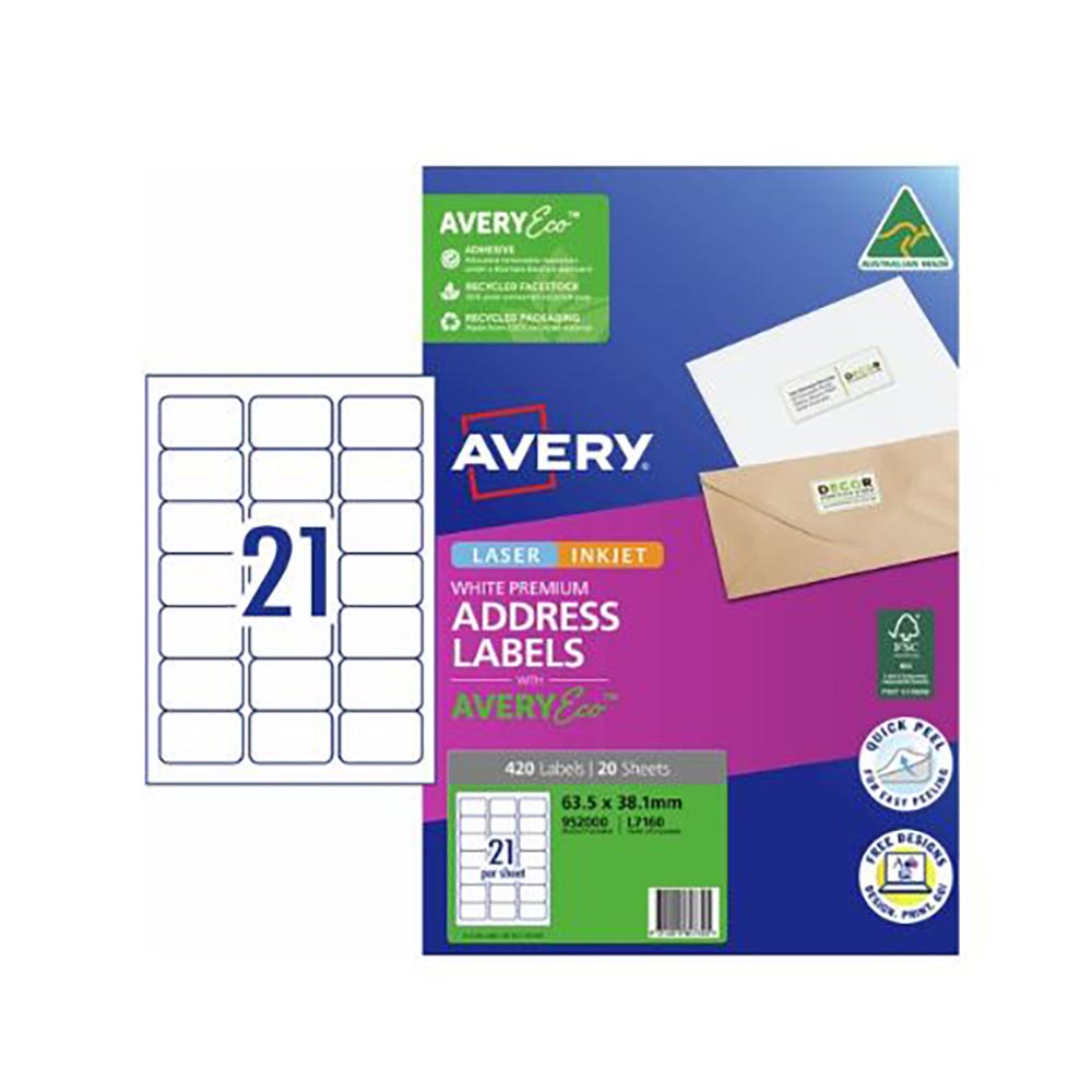 Avery Shipping Labels AveryEco Inkjet/Laser White 63.5x38.1mm 21up 20 Sheet_22459800_23173