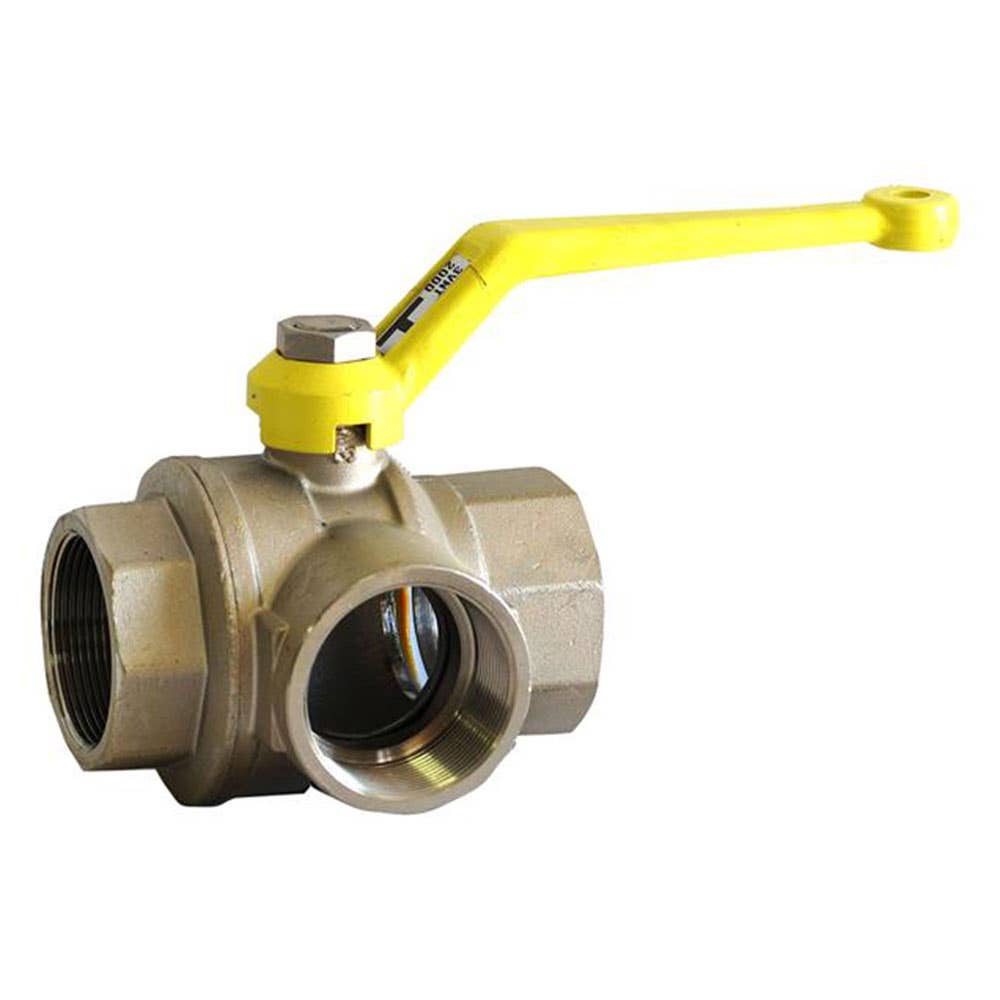 Ball Valve Brass 3 Way 2 Piece L-Port 1' BSPT AAP Industries 2717009 VBBTW25L