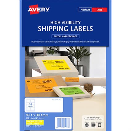 Avery High Vis Shipping Labels L7163F 99.1X38.1mm Fluro 14Up Pack 25 Yellow 22502013 AV35947