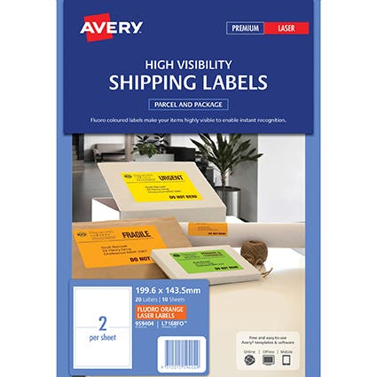Avery High Vis Shipping Labels L7168FO 199.6X143.5mm Fluoro 2Up Pk10 Orange 1031030 23358