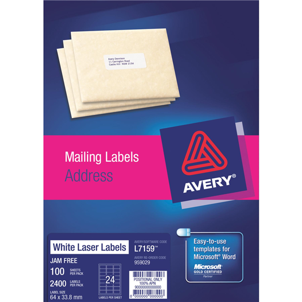 Avery Quick Peel Address Labels Sure Feed L7159 64X33.8mm 24Up Bx 100 22462000 AV959029