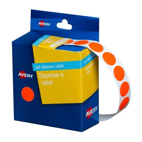 Avery Circle Dispenser Labels Removable 14mm Diameter Pk 1050 Fluro Red 320700503 33813