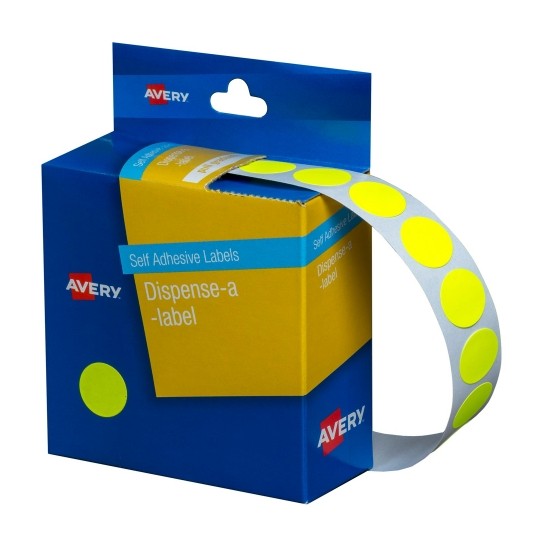 Avery Circle Dispenser Labels Removable 14mm Diameter Pk 1050 Fluro Yellow_320700506_33814