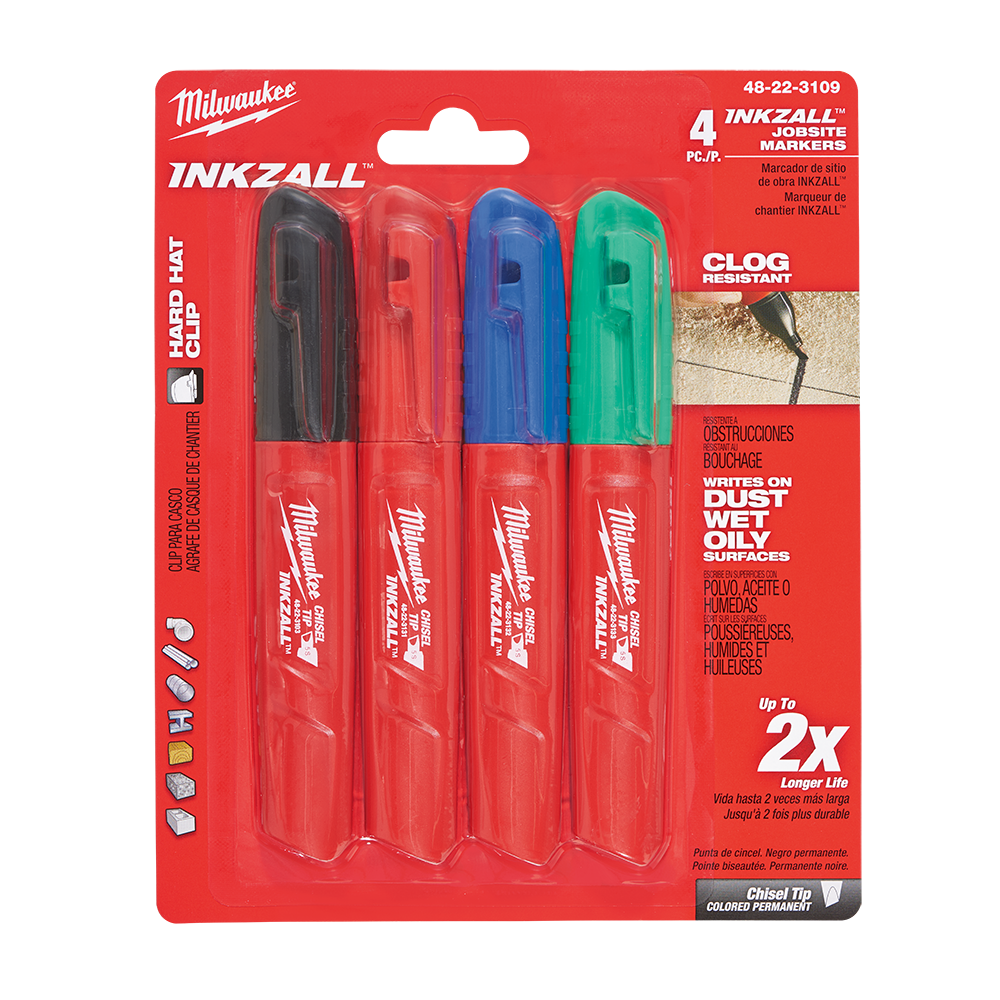Milwaukee 4 Pack Coloured Inkzall Chisel Tip Marker 48223109 411045 48223109