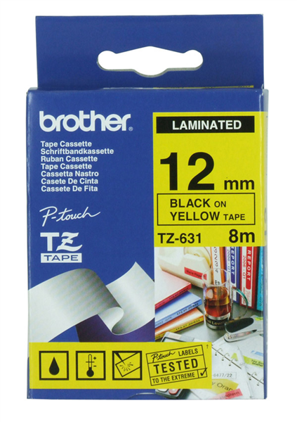 Brother TZE-631 Labelling Tape 12mmx8M Black On Yellow 22612000 BTZ631