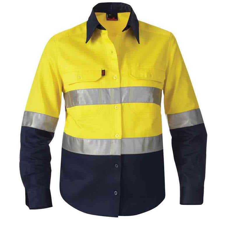 Shirt Womens L/S Cotton Drill 190gsm 3M Tape Yellow/Navy 10 King Gee 60012886 K44532-Y/N-10