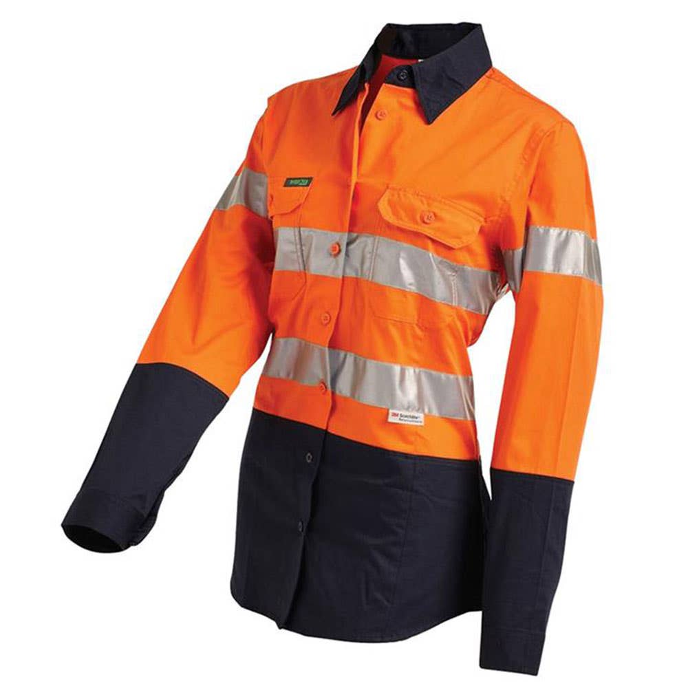 Shirt Womens L/S Cotton 155gsm 3M Tape Hi Vis Orange/Navy 10 2012 60013366 2012ON10