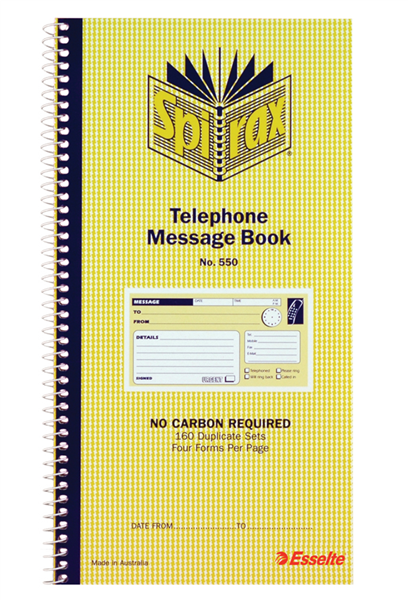 Spirax 550 Telephone Message Book 279X144mm_34183700_55227