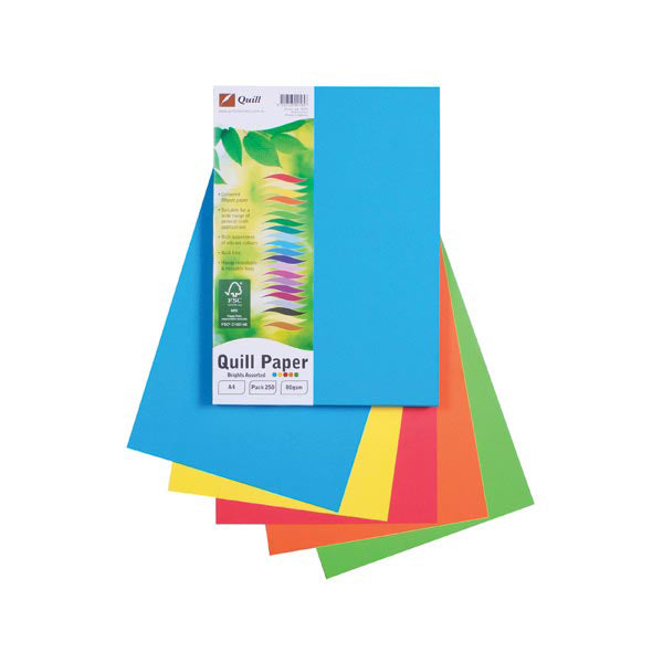 Quill Colour Paper A4 80gsm Brights Assorted Pack 250 Ream_625072000_29723