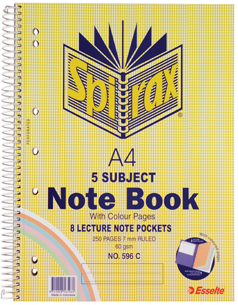 Spirax 596C Notebook 5 Subject Coloured A4 250 Pages 34312500 56596C