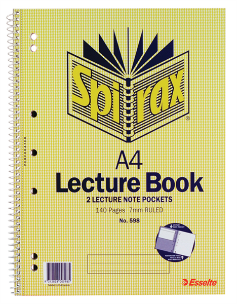 Spirax 598 Lecture Book With Pocket Side Open A4 140 Pages 34186400 56598
