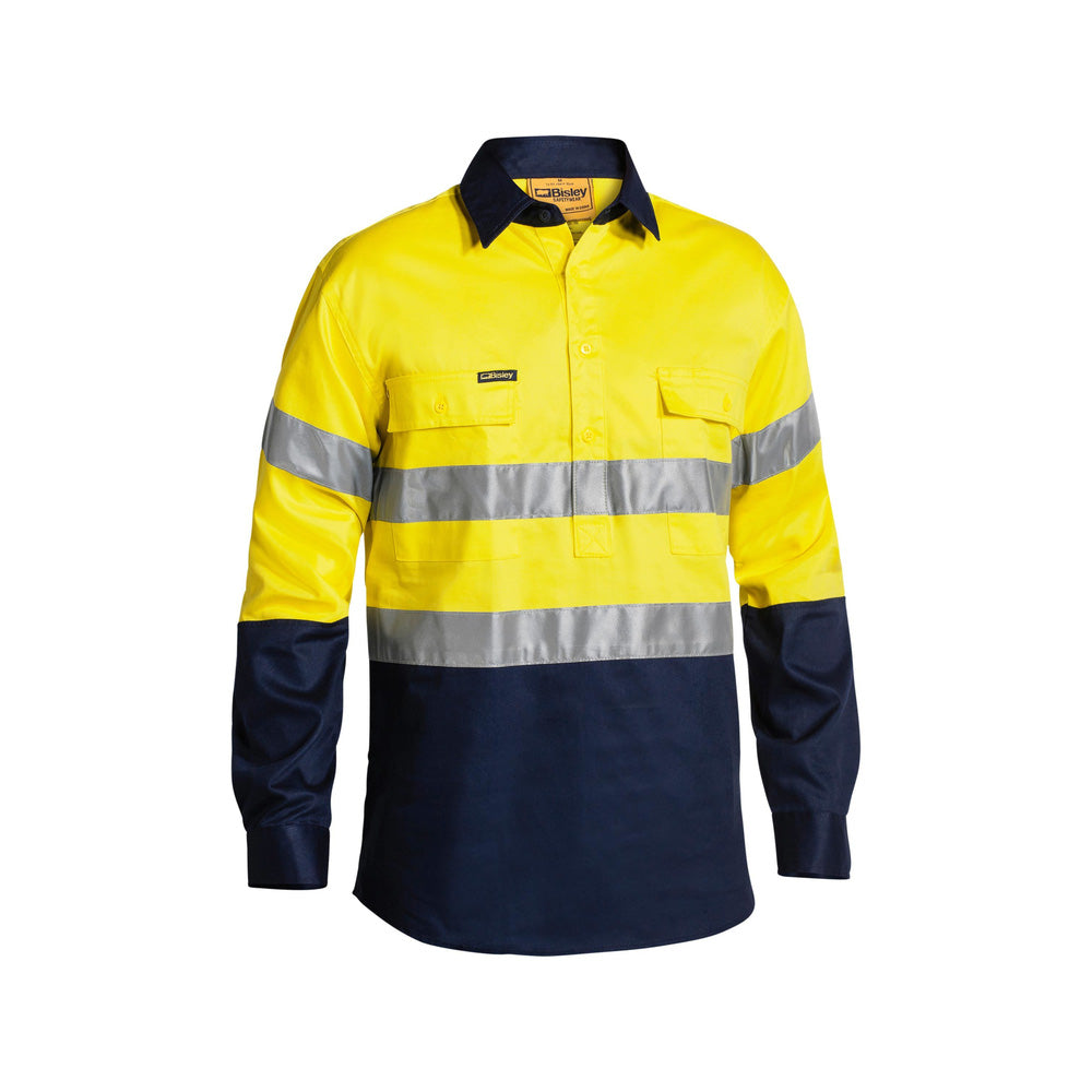 Shirt L/S Cotton Drill 190gsm Closed Front 3M Tape Yellow/Navy 5XL Bisley_90012510_BTC6456_TT015XL
