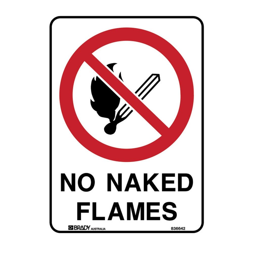 Sign NO NAKED FLAMES 90 x 125mm Self Adhesive Vinyl 90038877 840053