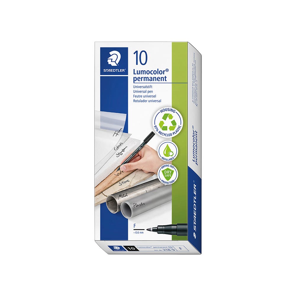 Staedtler Lumocolor 318 Permanent Pen Fine 0.6mm Pack 10 Black 925101001 318-9