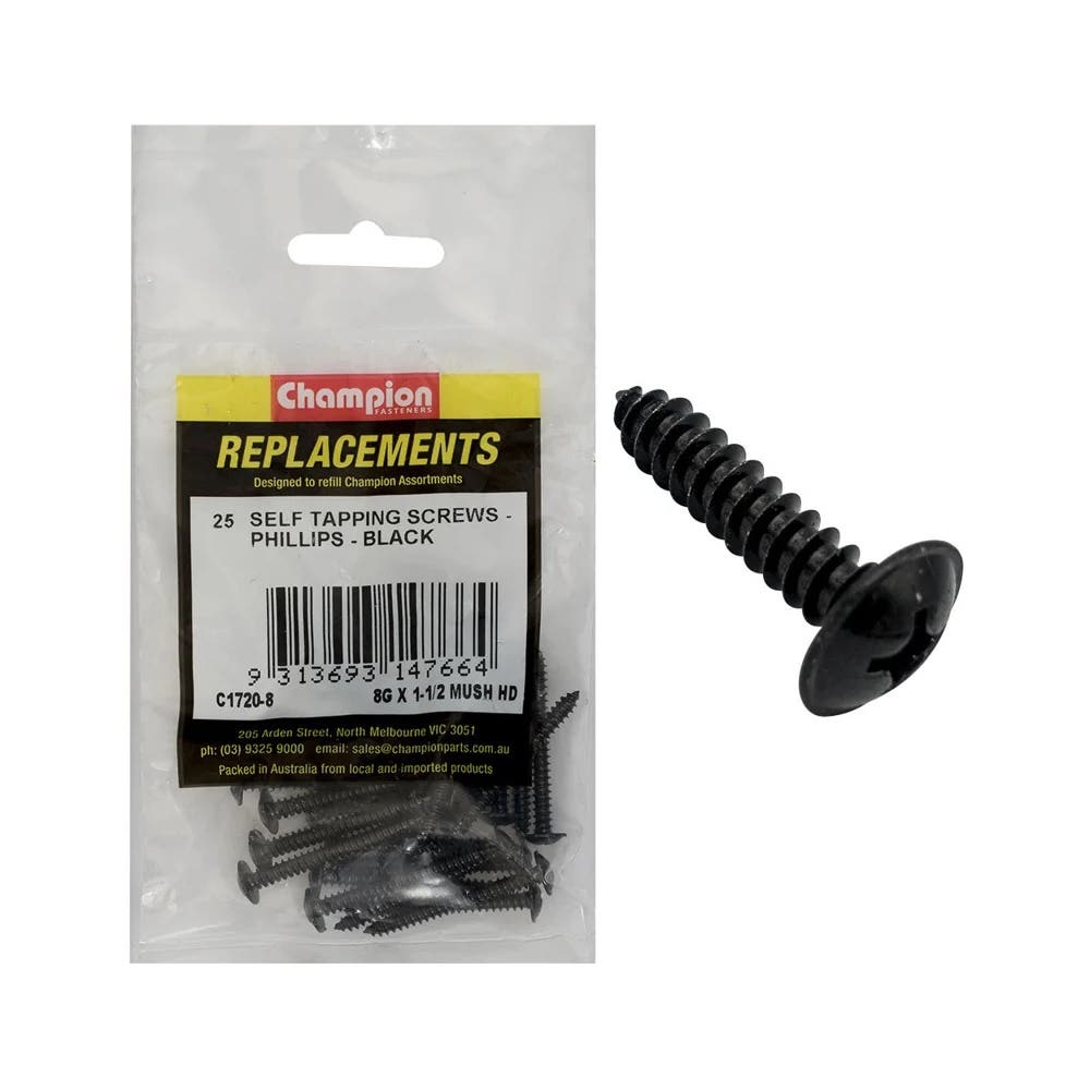 Grab Kit Refill - Screw Self Tapping Mushroom Head Black 8G x 1-1/2''_130601_C1720-8
