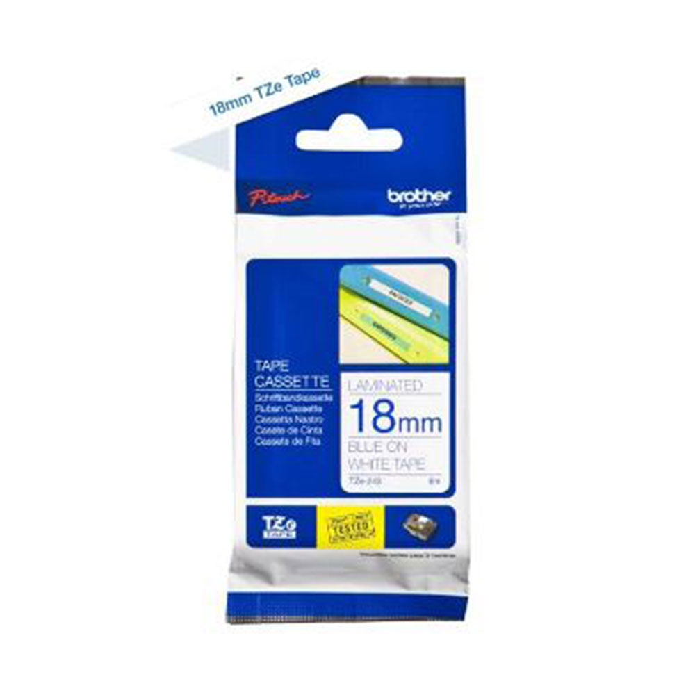 Brother TZE-243 Labelling Tape 18mmx8m Blue On White_510076_TZE-243