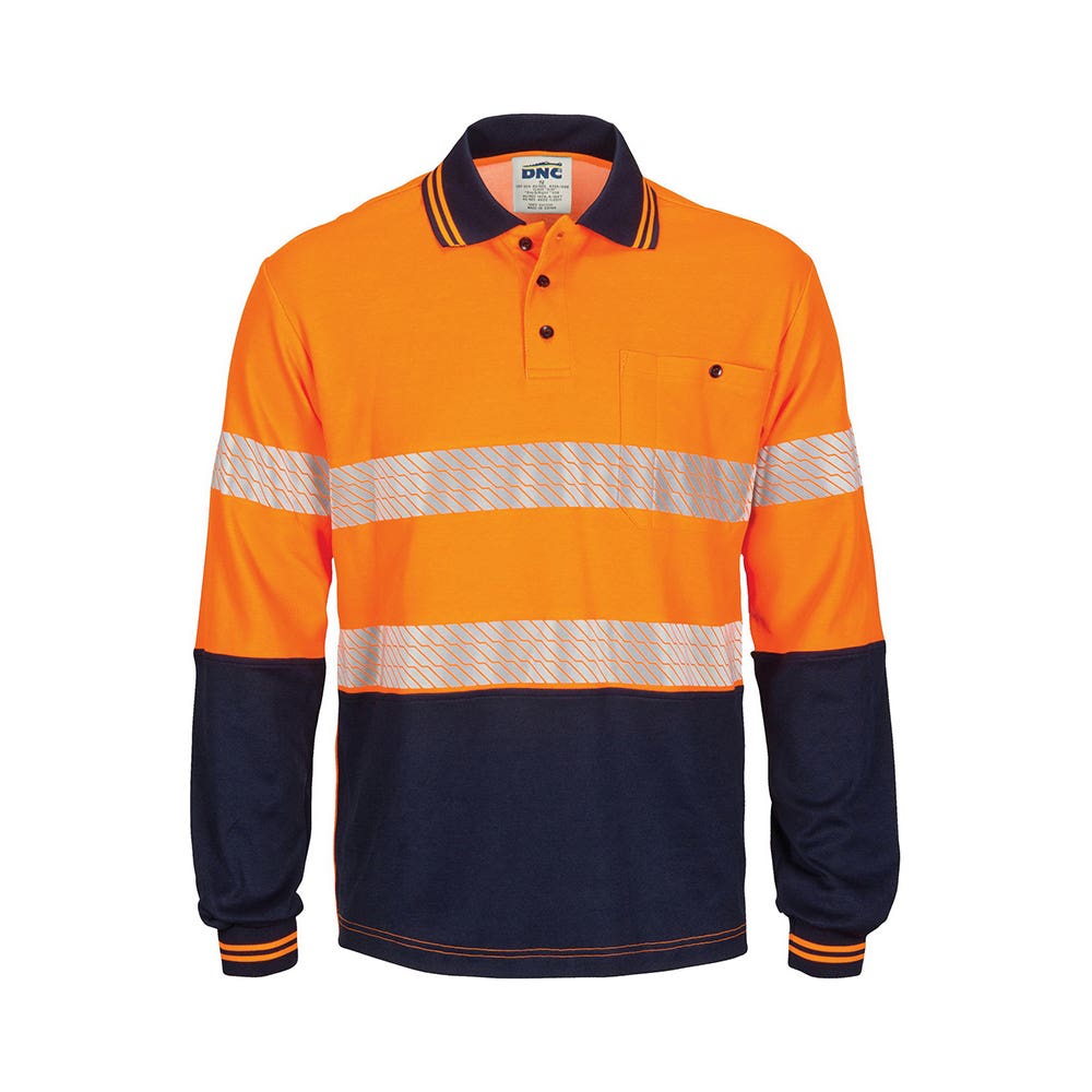 Shirt Polo L/S 3XL Org/Navy 185gsm Cotton Back Segmented Tape Hi Vis_421998_3518-O/N-3XL