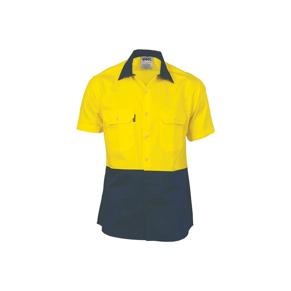 Shirt S/S 2XL Yellow/Navy 155gsm Cotton Drill Hi Vis Mesh Vents 79904035 3839-Y/N-2XL