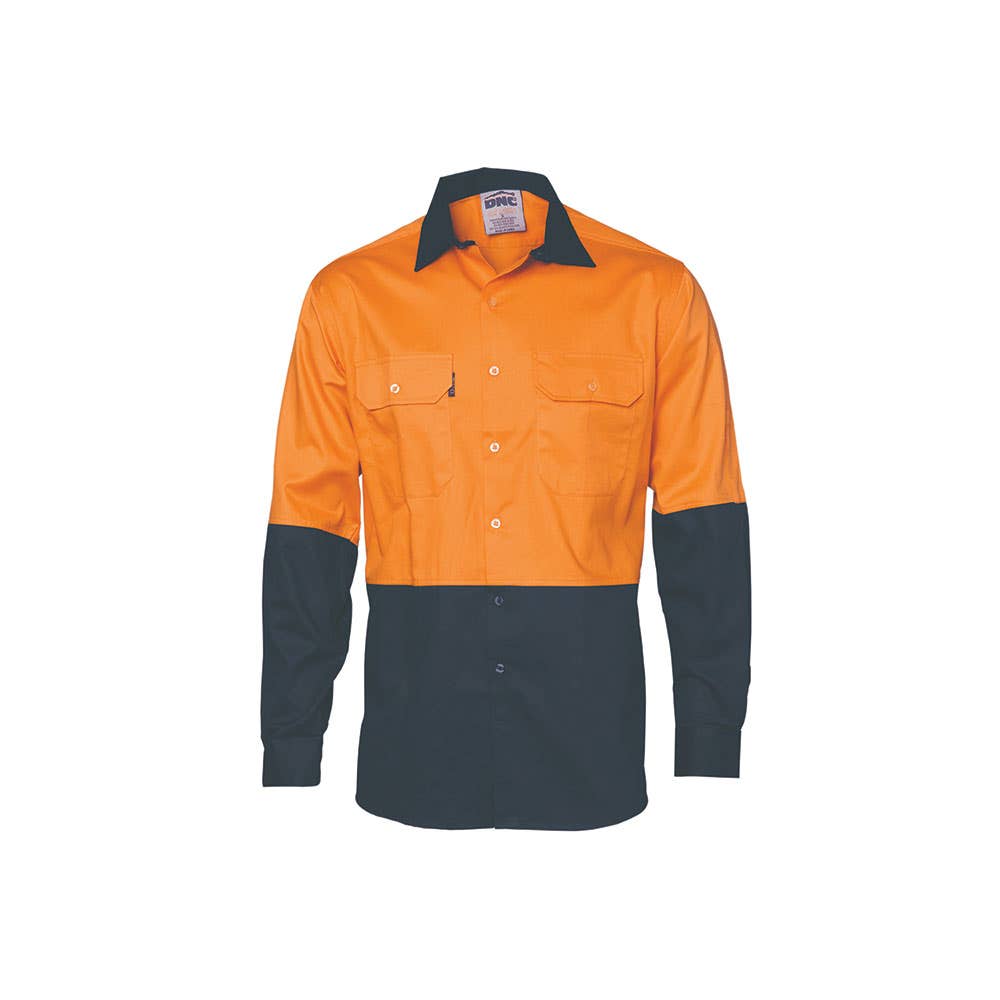 Shirt L/S 2XL Orange/Navy 190gsm Cotton Drill Hi Vis Vents Open Front 518176 3981-O/N-2XL