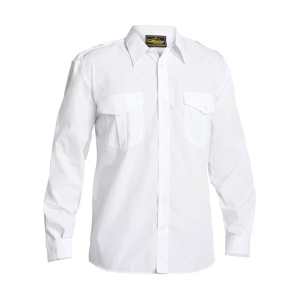 Shirt L/S Poly Cotton Epaulette White 2XL Bisley 40008556 B76526 BWHT2XL