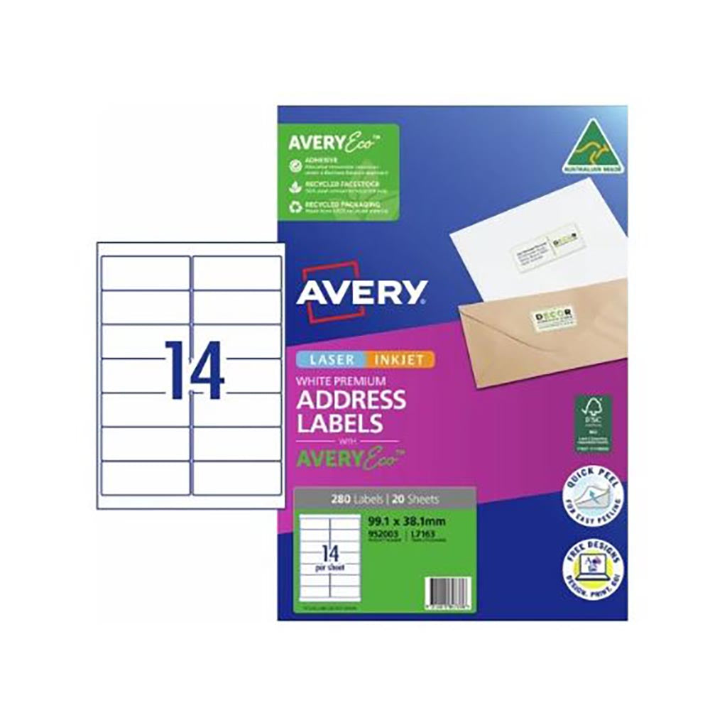 Avery Shipping Labels AveryEco Inkjet/Laser White 99.1x38.1mm 14up 20 Sheet_1012793_AV952003