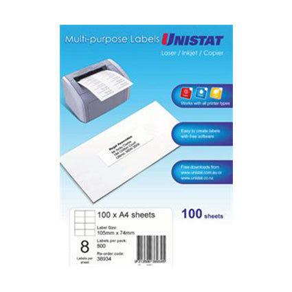 Unistat Labels 38934 Multi Use A4 8up 105 X 74mm White Box 100_1012873_AV38934