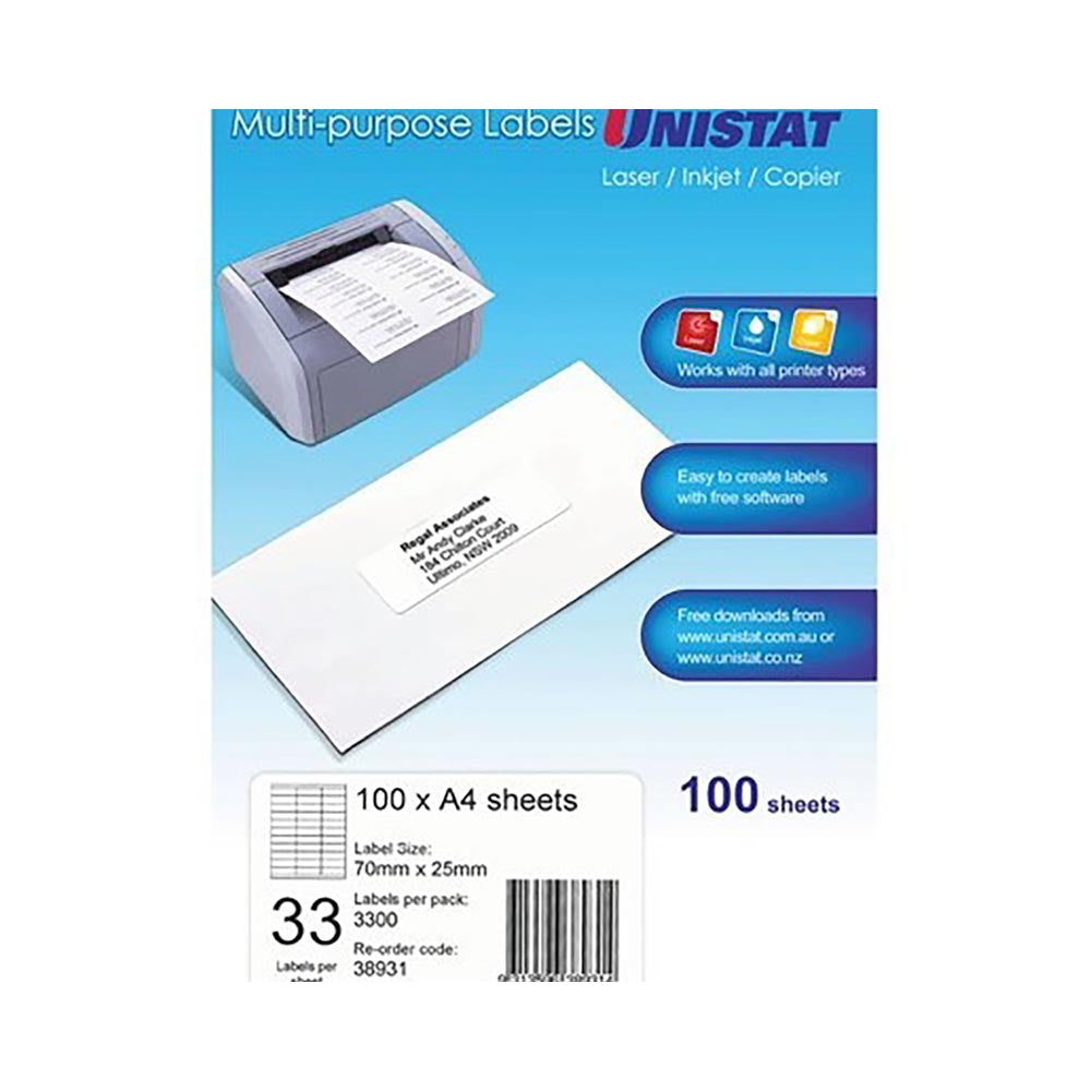Unistat Labels 38931 Multi Use A4 33up 70 X 25mm White Box 100_1013684_AV38931