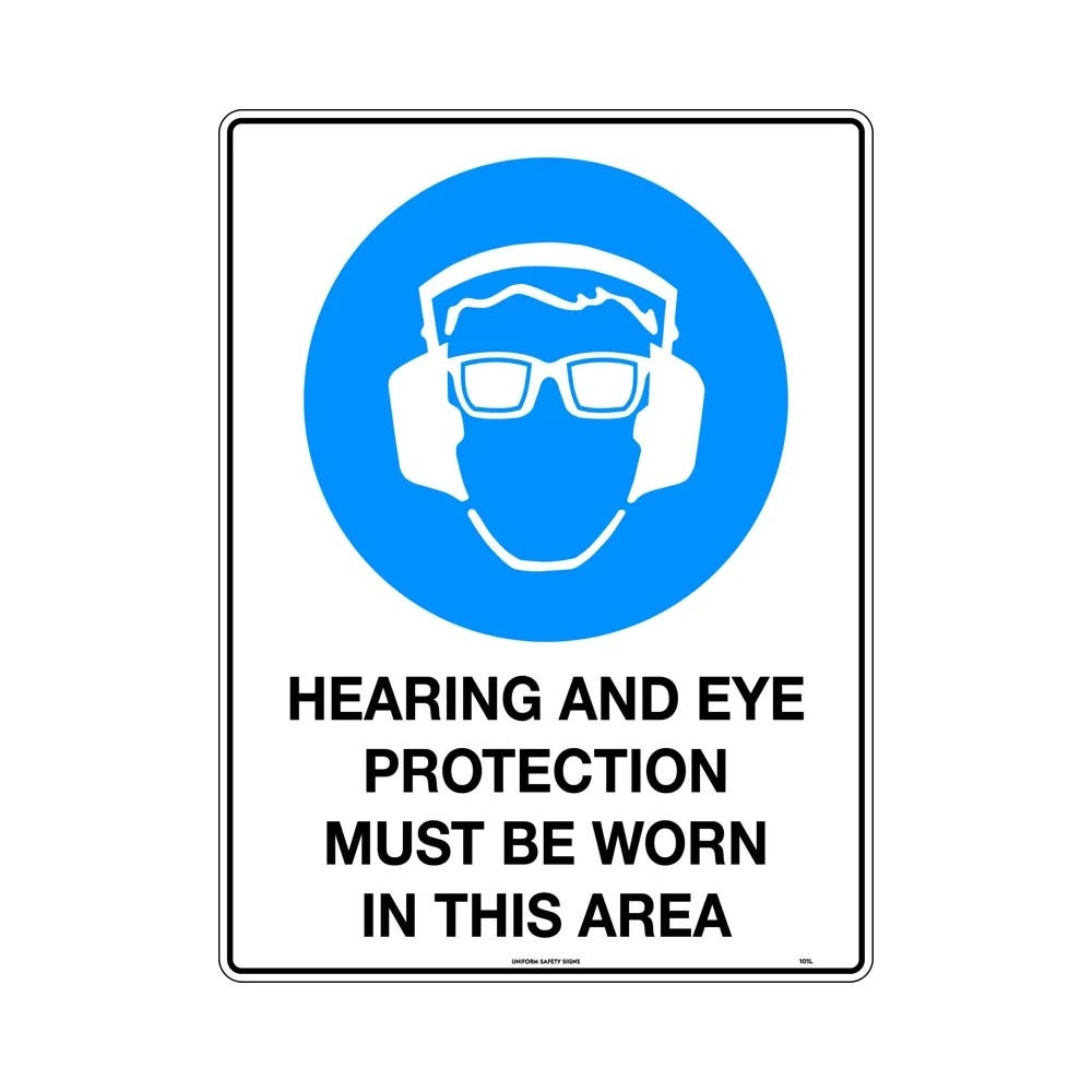 Sign HEARING AND EYE PROTECTION MUST BE WORN IN THIS AREA 600 X 450mm Metal_470188_101LM