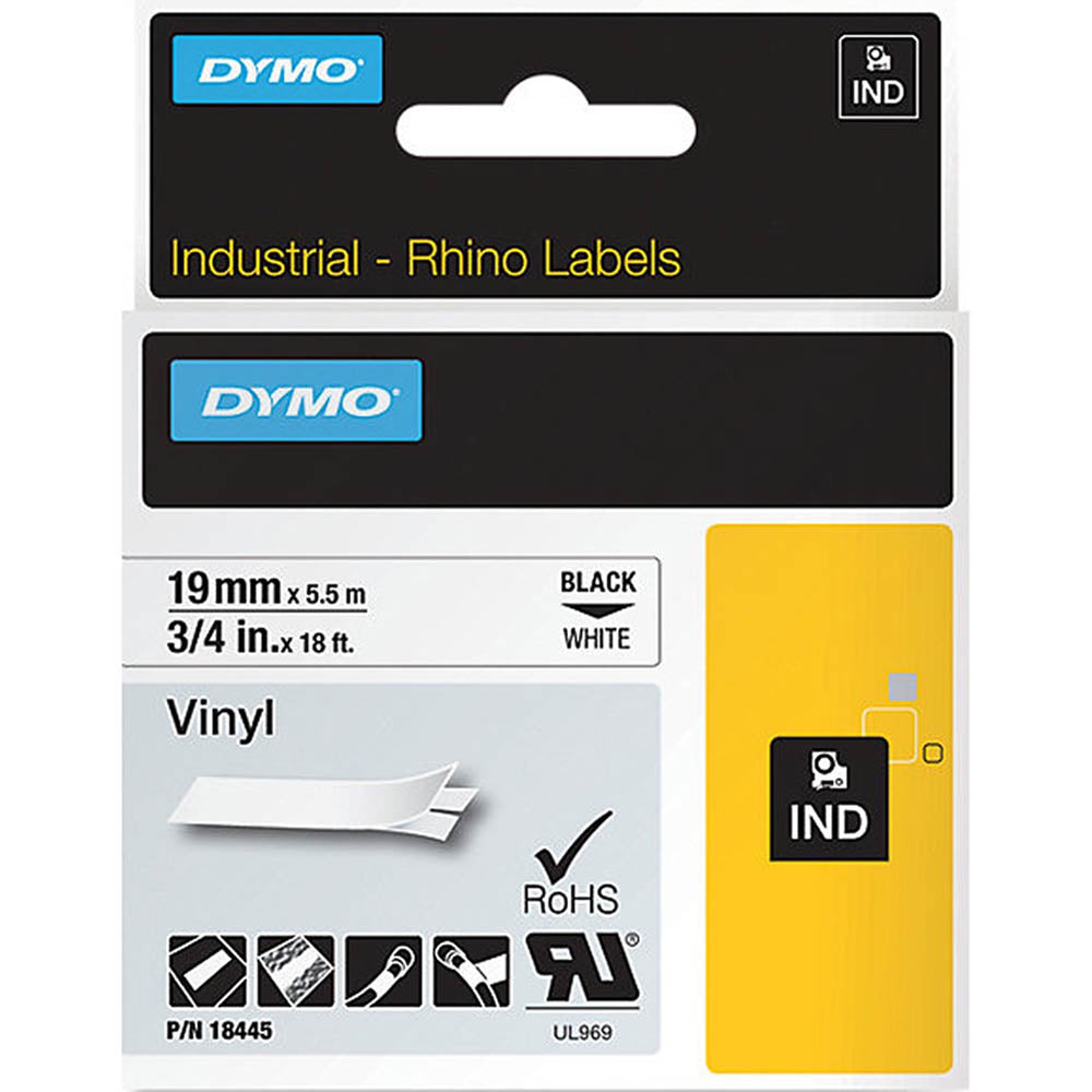 Dymo 19mm X 5.5m Rhino Vinyl Black On White 18445_1020436_12493
