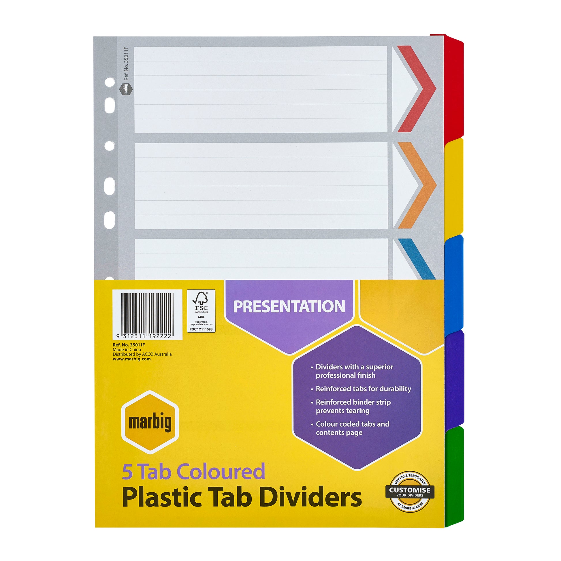 Marbig Dividers Manilla A4 5 Tab Reinforced Pvc Tab 5 Colour_1021248_35011F