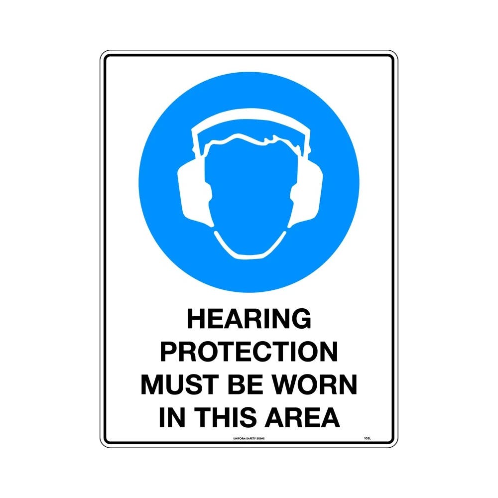 Sign HEARING PROTECTION MUST BE WORN IN THIS AREA 450 X 300mm Metal_182657_102LSM