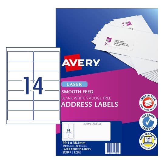 Avery Labels Laser L7163 Smooth Feed 959304 99.1X38.1mm 14 Up14 White 1041376 AV959004