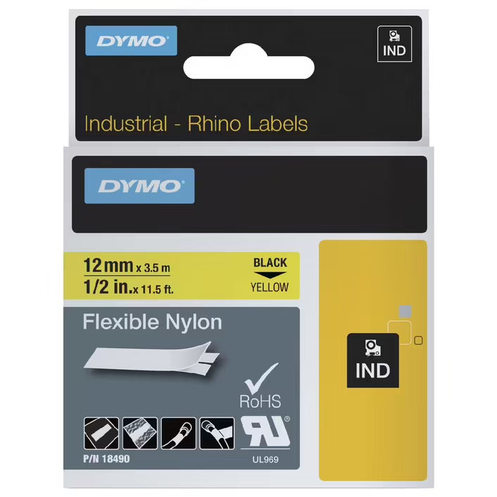 Dymo Rhino Industrial Flexible Nylon Black On Yellow 12mm 18490_1042403_36138