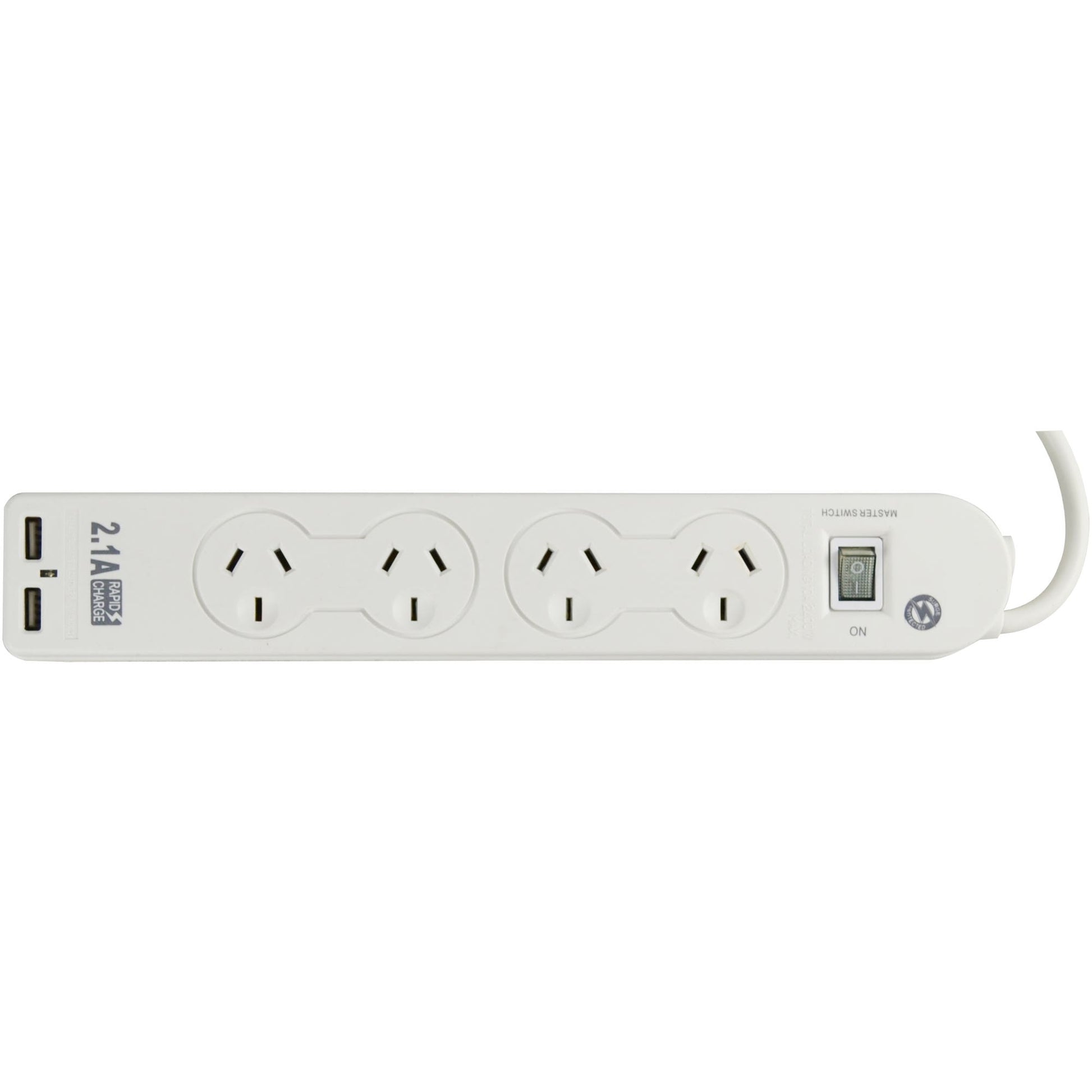 Italplast 4 Outlet Power Board Master Switch Surge Overload 2 USB White 1045363 30763