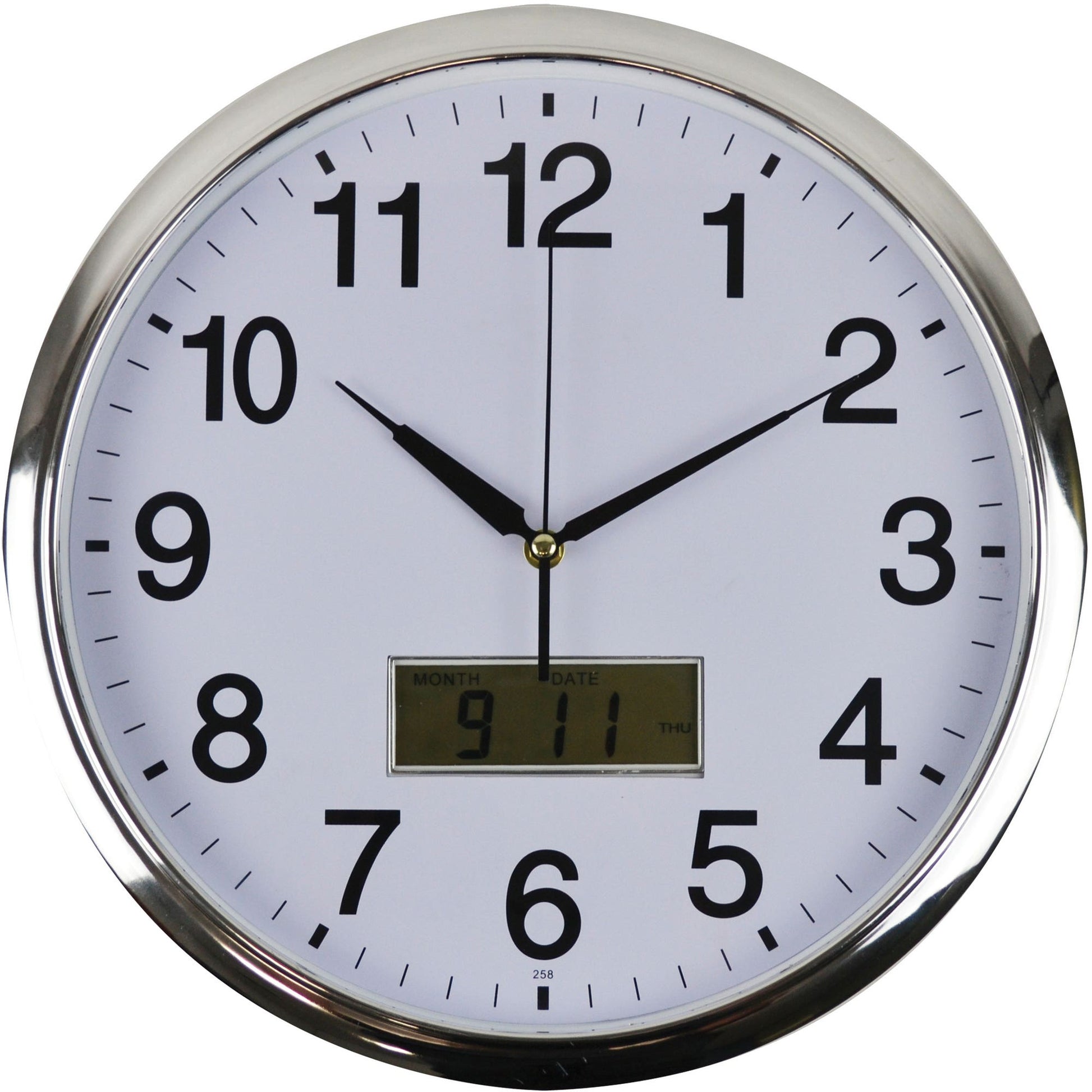 Italplast Wall Clock 36cm Lcd Date And Month Chrome Frame White Face 1045519 17491