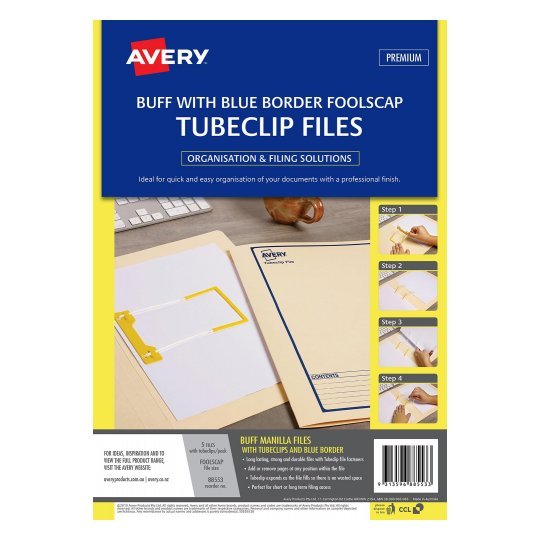 Avery Tubeclip File Foolscap Buff Blue Pack 5_1050440_23259
