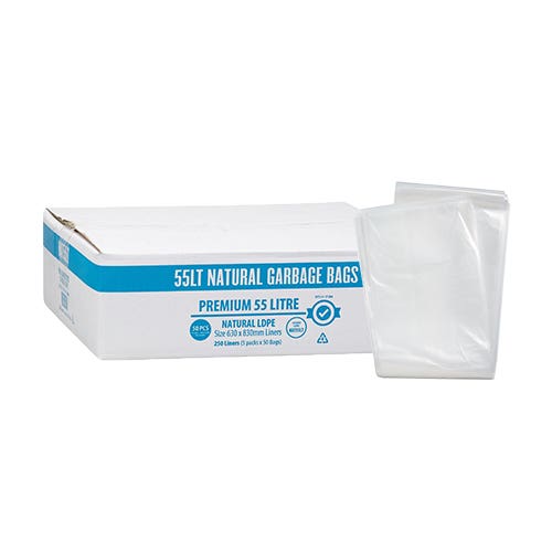 Premium Bin Liner Heavy Duty LDPE 55 Litre Clear 830 X 630mm 20um 1050483 NAT55LT