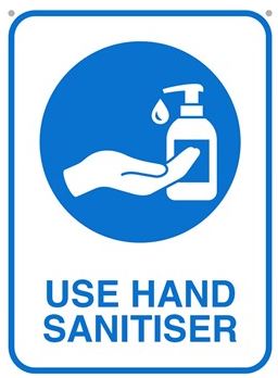 Durus Use Hand Sanitiser Wall Sign Rectangle 225X300mm Blue On White_1055486_400143736