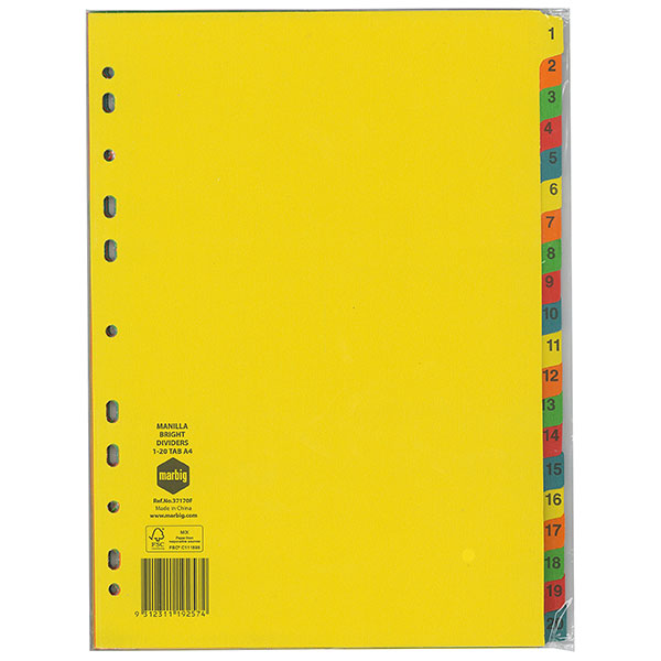 Marbig Dividers Manilla A4 1-20 Tab Bright Colour_39468600_02731