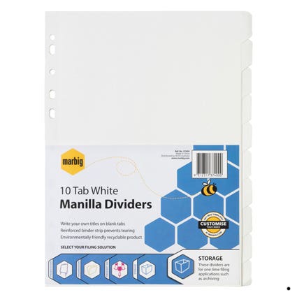 Marbig Dividers Manilla A4 10 Tab White Bulk Pack 20 1002437 37420F