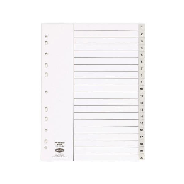 Marbig Dividers Pp A4 1-20 Tab Grey 39452216 35130