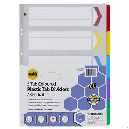 Marbig Dividers Manilla A3 5 Tab Portrait Plastic Tab Multi Colour_120315000_38605F