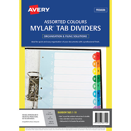 Avery Dividers Manilla A4 1-10 Tab Mylar Tab Bright Multi Colour_39460800_23796