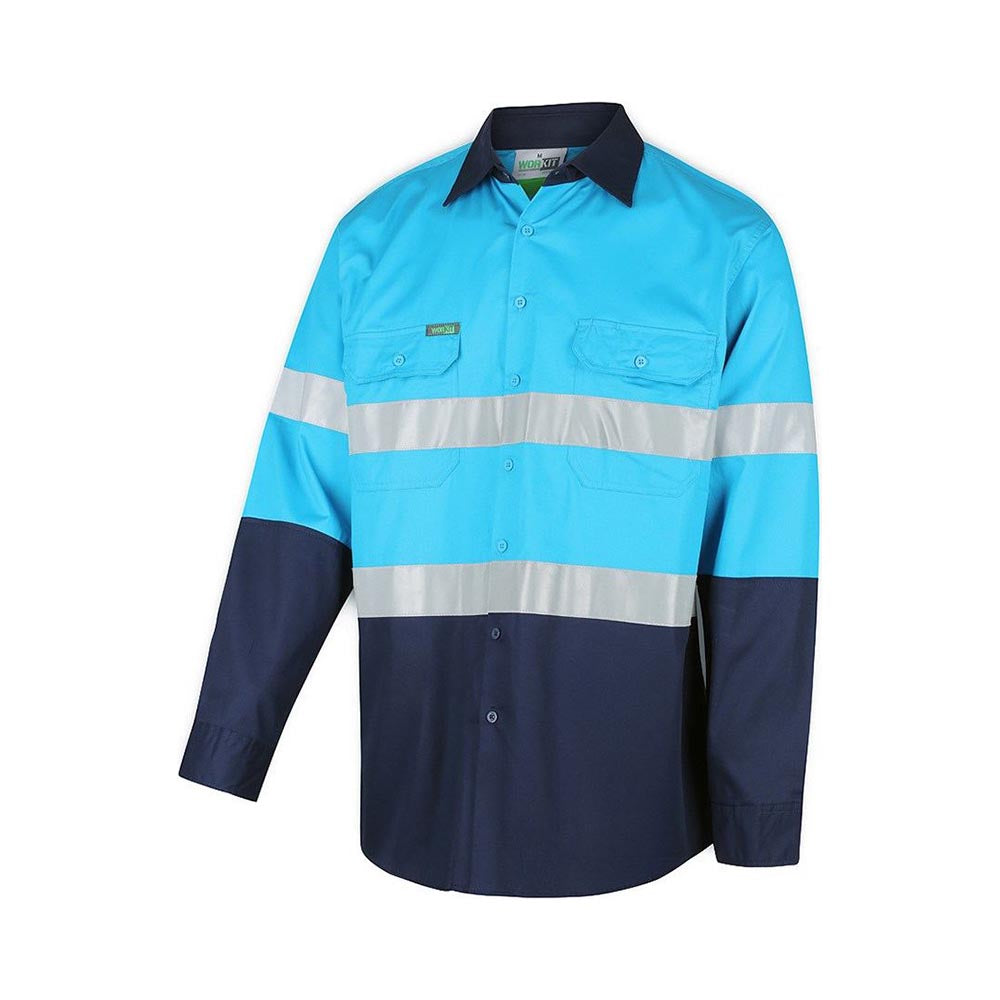 Shirt L/S Cotton Drill 155gsm 3M Tape Hi Vis Sky Blue/Navy LRG 2013 Workit_443365_2013BNL