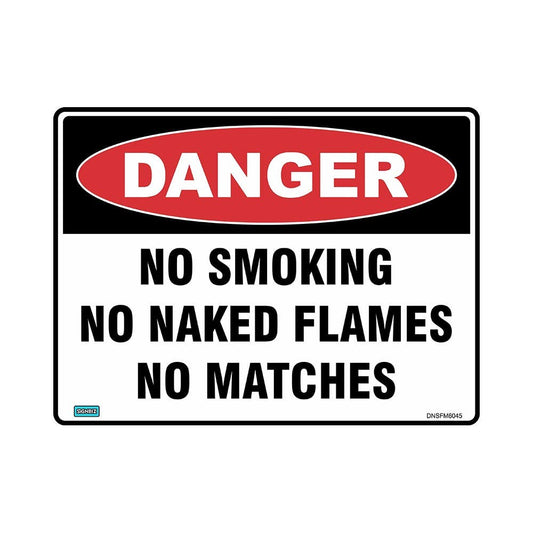 Sign DANGER NO SMOKING NO NAKED FLAMES NO MATCHES 600 X 450mm Metal_224878_DNSFM6045M