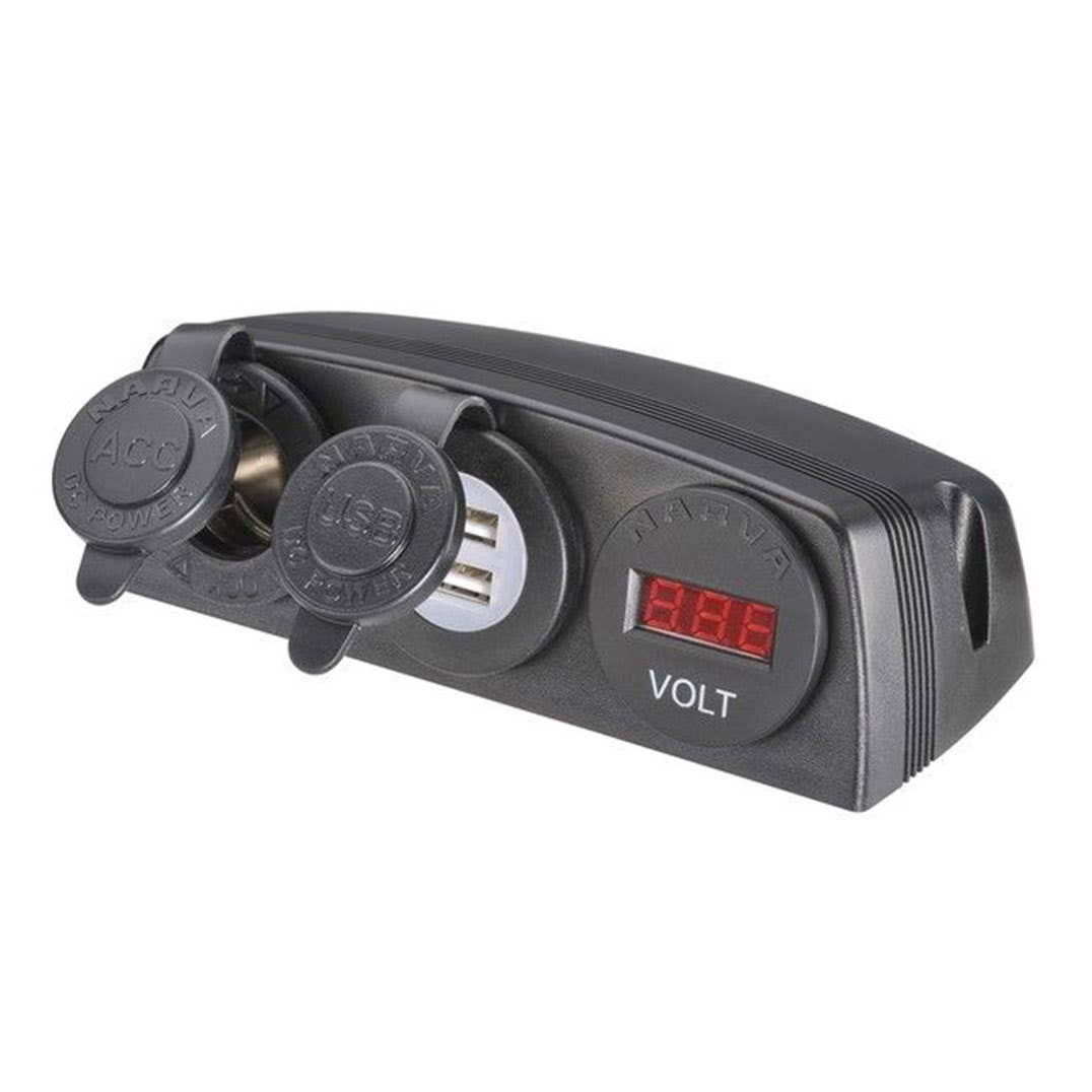 Socket Accessory + Dual USB + LED Volt Meter 12/24V DC Surface Mount Narva 232607 81191BL