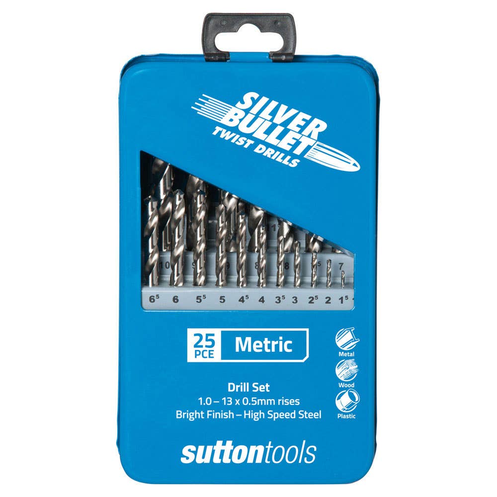 Drill Bit Set Jobber Metric Bright 25 Piece 1-13mm x 0.5mm Metal Case Sutton 238313 D101MTLSM3