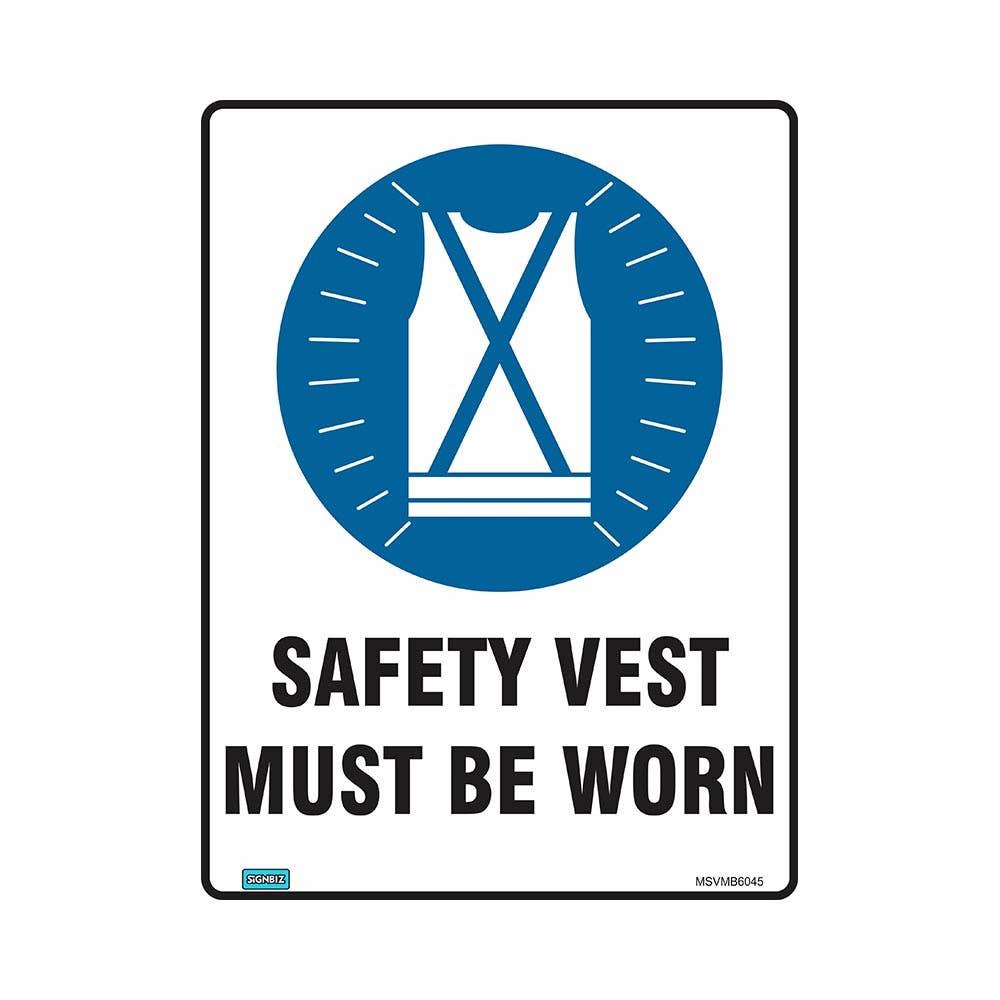 Sign SAFETY VEST MUST BE WORN + Pictogram 450 x 600mm Poly_279578_MSVMB6045P